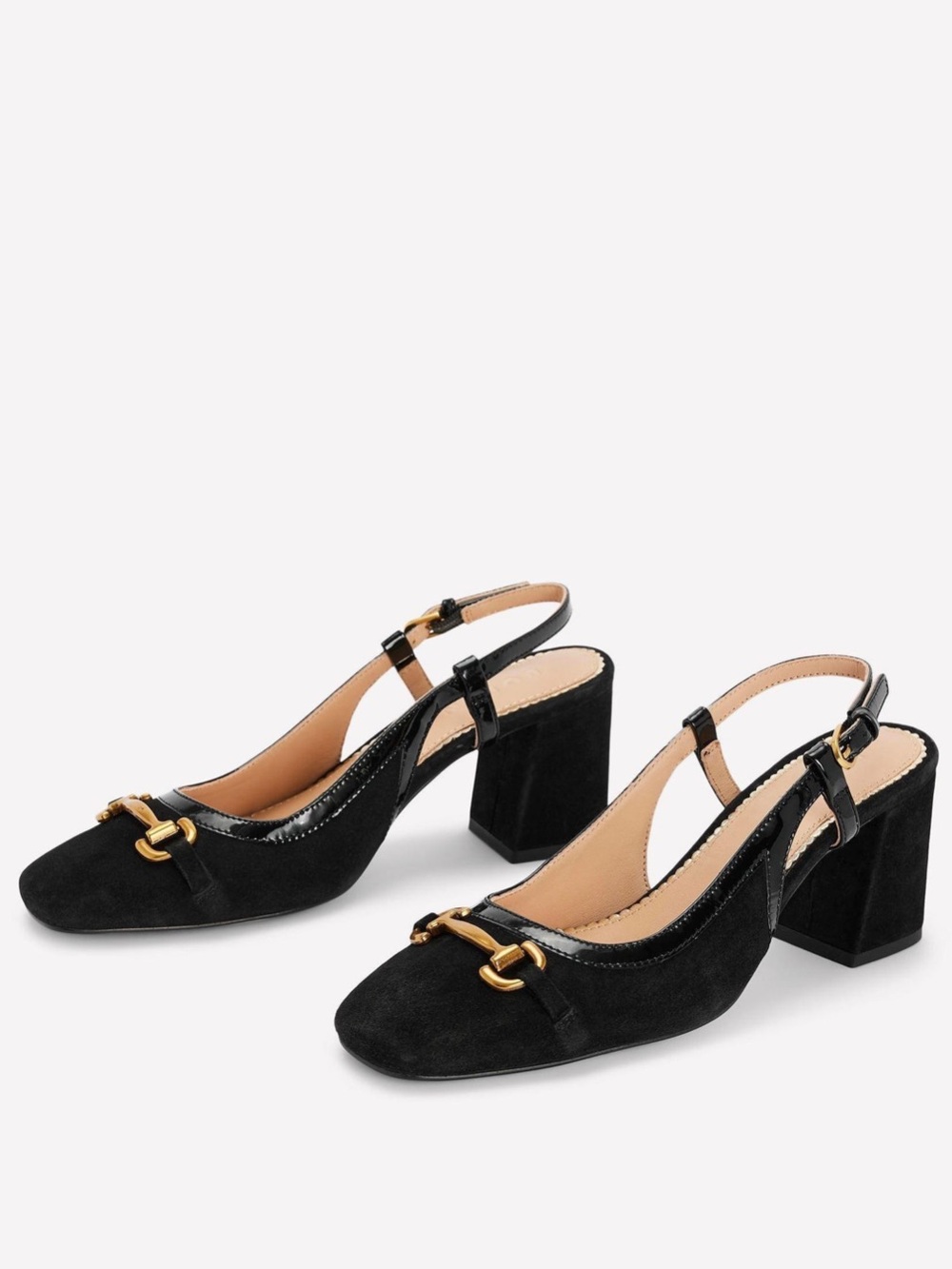 New Boden Black Suede Snaffle Slingback Block Horsebit Heels With Gold hardware